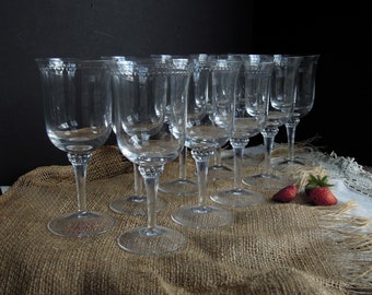 Ten Vintage Crystal Red 7" Wine Glasses / Set of 10 Dot Details Around Rim Goblets