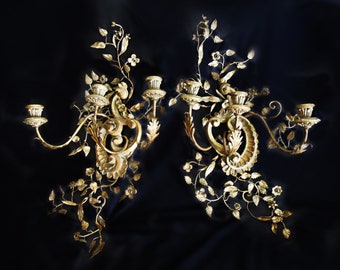 Two Antique Vintage Italian Florentine Wall Sconces / A Pair of Italian Rococo Style Giltwood and Metal Sconces