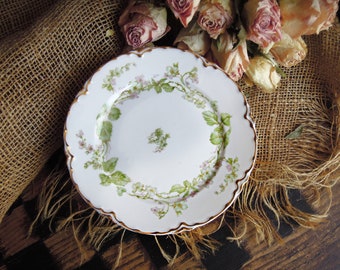 Four Vintage French Floral & Leaf Limoges Luncheon Salad Bread Butter Transferware Plates / Gold Encrusted