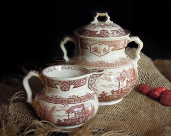 Antique Brown Transferware Creamer Sugar / Ironstone Canister Pot and Lid / England January 2, 1868 / Large Sugar Bowl & Creamer