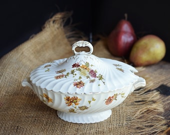 Antique Flower Transferware Tureen / Small Staffordshire Brown & Green Transferware Soap Dish / English Ironstone