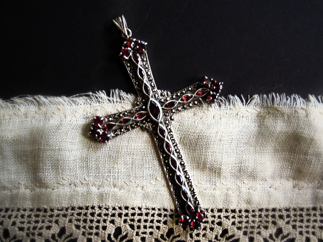Vintage Antique 4 Inch Cross Sterling Silver Garnets & Malachite ...