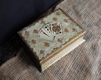 Vintage Gold & Antique White Italian Florentine Card Safe / Card Storage or Trinket Box Gold Gilt Photo Box / Playing Cards Storage Box