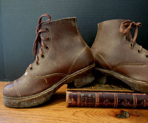 Antique French Leather Wood Shoes / Clogs / Frenc… - image 5