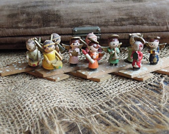 Ten Vintage Japan Angels on Wood / Mid Century Angels Musicians set on Accordion Base