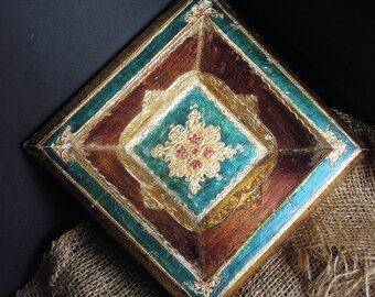 Vintage Blue Burnt Umber Red Gold Italian Florentine / Glass Trinket Bowl Vintage Ashtray