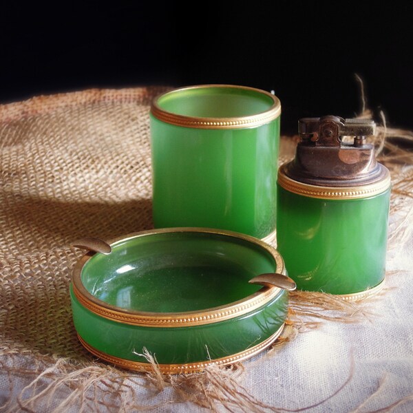 Vintage Opaline Green Glass & Ormolu Ashtrays Cup Lighter / Trinket Dish Gold Encrusted / Ring Dish Vanity or Office Decor