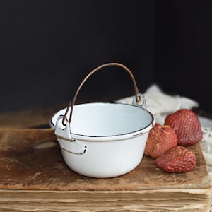 May include: A white enamelware pot with a brown handle and black trim. The pot sits on a stack of old books, with three red strawberries nearby. The pot has a rustic, vintage aesthetic.