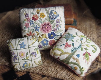 Three Vintage or Antique Crewel Embroidery Pincushions / Hand Crafted Pin Cushions