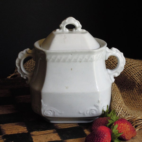 Vintage White Ironstone Canister Pot and Lid / England Powell & Bishop 1876-78 / 1800s Ironstone Storage Large Sugar Bowl / Kitchen Storage
