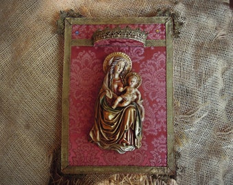 Antique Religious Madonna and Child Wall Plaque / Red Damask Fabric Metallic Trim Corona over The Virgin Mary & Christ Child Icon