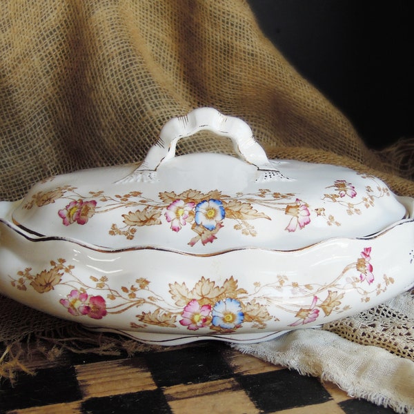 Antique 1890s Transferware Royal Semi Porcelain / Casserole / Tureen / Furnivals England