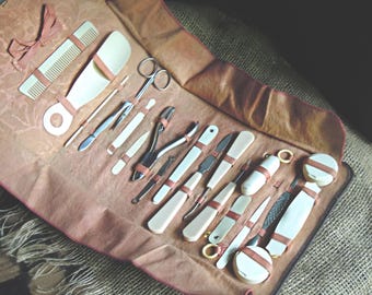 Vintage Celluloid Manicure Set: 20-Piece Victorian Travel Vanity Necessaire, Leather Case