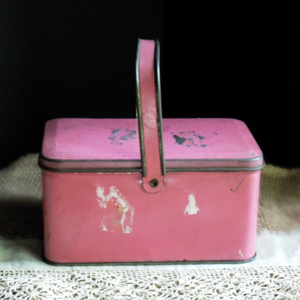 Vintage Rustic Industrial Small Pink Lunch Box with Handle and Hinged Lid / Sewing Basket / Tin Storage Box / Studio Storage