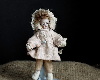 Antique 3.5" Victorian Mignonette German Bisque Baby Doll / Doll House Doll / Movable Arms Tiny Bisque Antique Doll / Mohair Hair