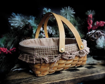 Vintage 1980s Wicker Flat Bottom Square Two Handled Lined Basket Splint Gathering Basket