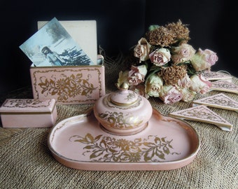 Antique French Pink Inkwell Desk Set / French Desktop Set Stamp Box Letter Holder Inkwell Pot / Limoges Inkwell & Desk Set