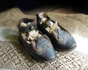 Antique German Children's Victorian 1890s Shoes / Black & Brown Girl's Button High Top Baby Shoes