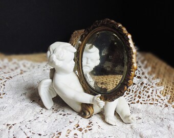 Antique Bisque Angel Cherub Putti Holding Mirror / Antique Patina Beveled Mirror