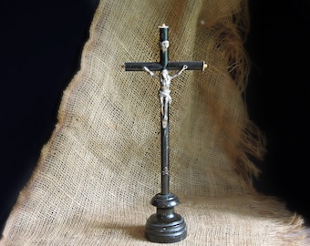 Antique Napoleon III 19th Century French Crucifix / Wood and Silver French Crucifix / Religious Icon / French Crucifix