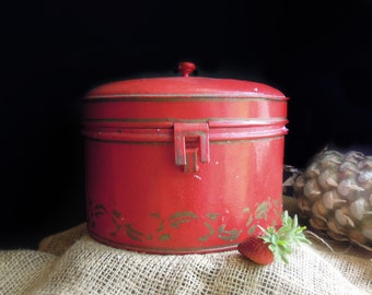 Antique X Large Red Tea Tole Tin  / Red Tin Spice Box / Red Tin Sewing Box / Storage Bin / Christmas Decoration / Tin Tole Grain