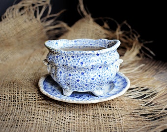 Antique Small Blue English Transferware Ironstone Pot & Plate / Early English Blue Chintz Sugar Pot and Staffordshire Little Plate