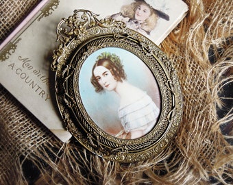 Antique Orleans Era 1800s Oil Portrait Filigree Frame / Convex Glass Brass Detail Velvet Backing