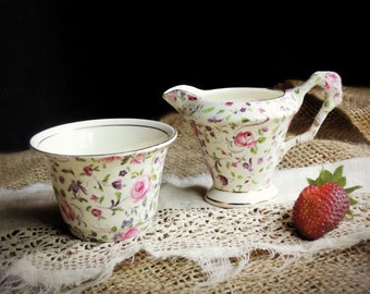 Vintage Chintz Creamer and Sugar /James Kent Longton Bone China Chelsea Rose Pattern / English Serving / Tea Time