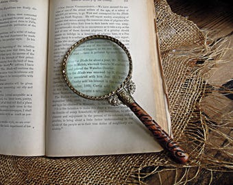 Vintage Magnifying Glass, Brass Carved Wood Handle Asian Decor Office