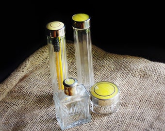 Vintage Travel Set Celluloid and Glass Travel Jars / Cologne Toothbrush Cream Containers