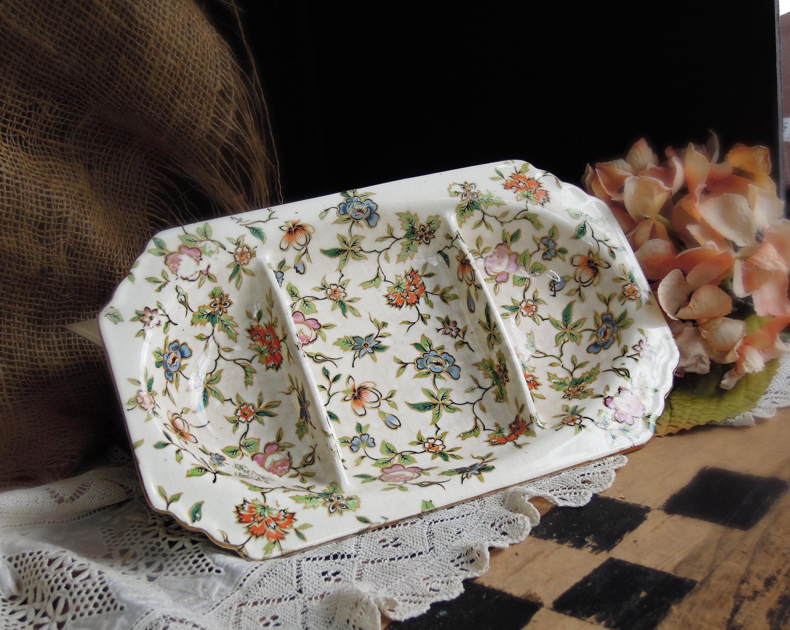 Vintage Chintz Divided Serving Bowl / Japan Floral Pattern Gold