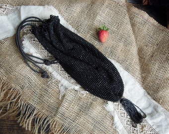 Antique Black Jet Glass Victorian Mourning Beaded Reticule Drawstring Bag / Purse With Tassel/  Antique French Beaded Wristlet