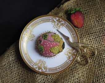 OOAK Pincushion Antique Pink Gold Encrusted Saucer / Hand Crafted / Sewing Accessories / Up Cycled