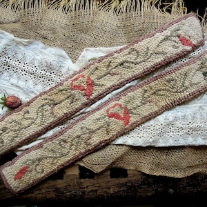 Two Antique Hooked Cotton Strips Flowers on Vine / Tabletop Trivets Table Toppers