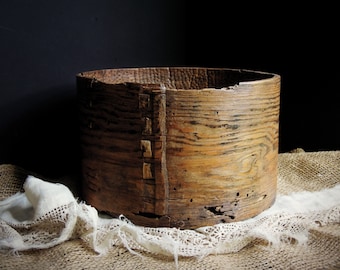 Antique French Wood Grain Measure / Primitive Woven Wood Straps Measuring Cup Bentwood Pantry Box Wood Butter Storage Box Wood Cheese Box