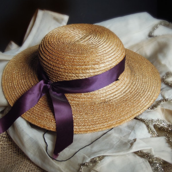 Vintage Antique English 1930s Young Girl Straw Sun Hat /  Summer Sun Hat / Flower Girl Hat Summer Wedding / H M S Wellington British Ship