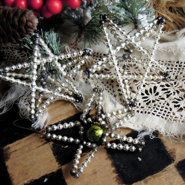 Three Vintage Antique Bohemian Gablonz Ornaments / Silver Mercury Glass Czech Beaded Star Ornaments