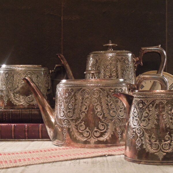 Vintage / Antique Silver Plate Tea  Pot / Creamer and Sugar / Sheffield England / Walker and Hall