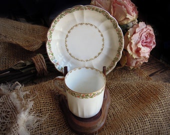 Vintage Antique  Limoges French Demitasse Cup and Saucer / Haviland & Co. Limoges Porcelain and Wood Stand