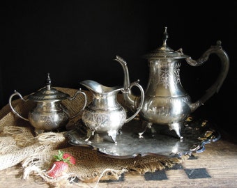 Vintage Silver Plate Teapot Creamer & Sugar Silver Plate Footed Tray / Made in India / Crosby Silver