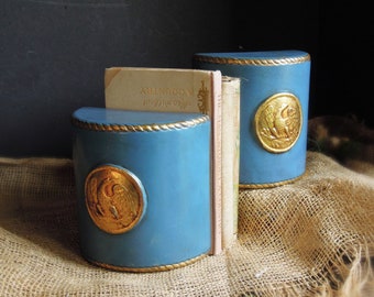 Pair of Vintage Bookends Gold Gilded and Chalkware Bookends / Dark Winter Turquoise Half Moon Bookends Gold Medallion