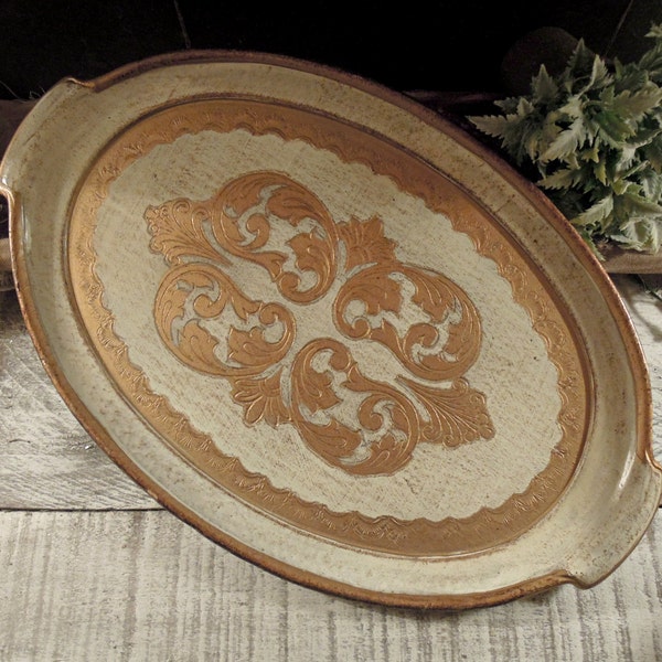 Vintage Wood Italian Florentine Oval Tray / Antiqued White and Gold Gilt