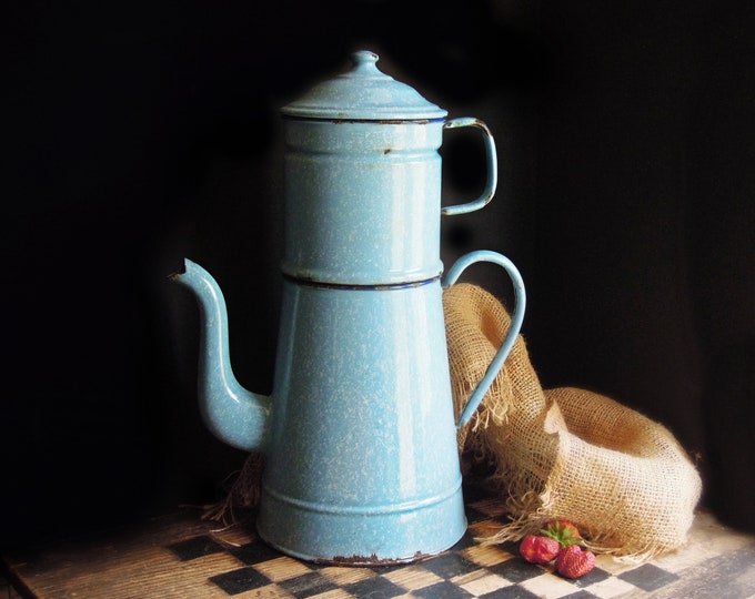 1930s French Enamel Coffee Pot Blue and White Checker Etsy
