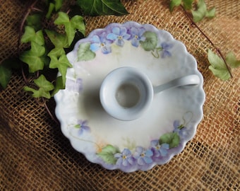 Vintage Candlestick Holder Hand Painted Blue Pansies / Porcelain Candlestick Holder / Candle holder