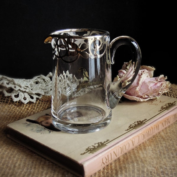 Vintage Creamer with Silver Overlay on Clear Glass / Vintage Creamer Syrup Mini Pitcher Ewer