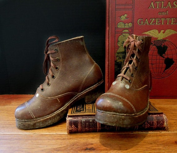 Antique French Leather Wood Shoes / Clogs / French