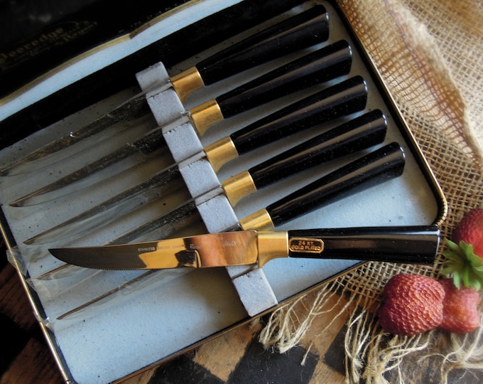 Vintage Steak Knives 24k Gold Peeredge Regent Sheffield England Steak