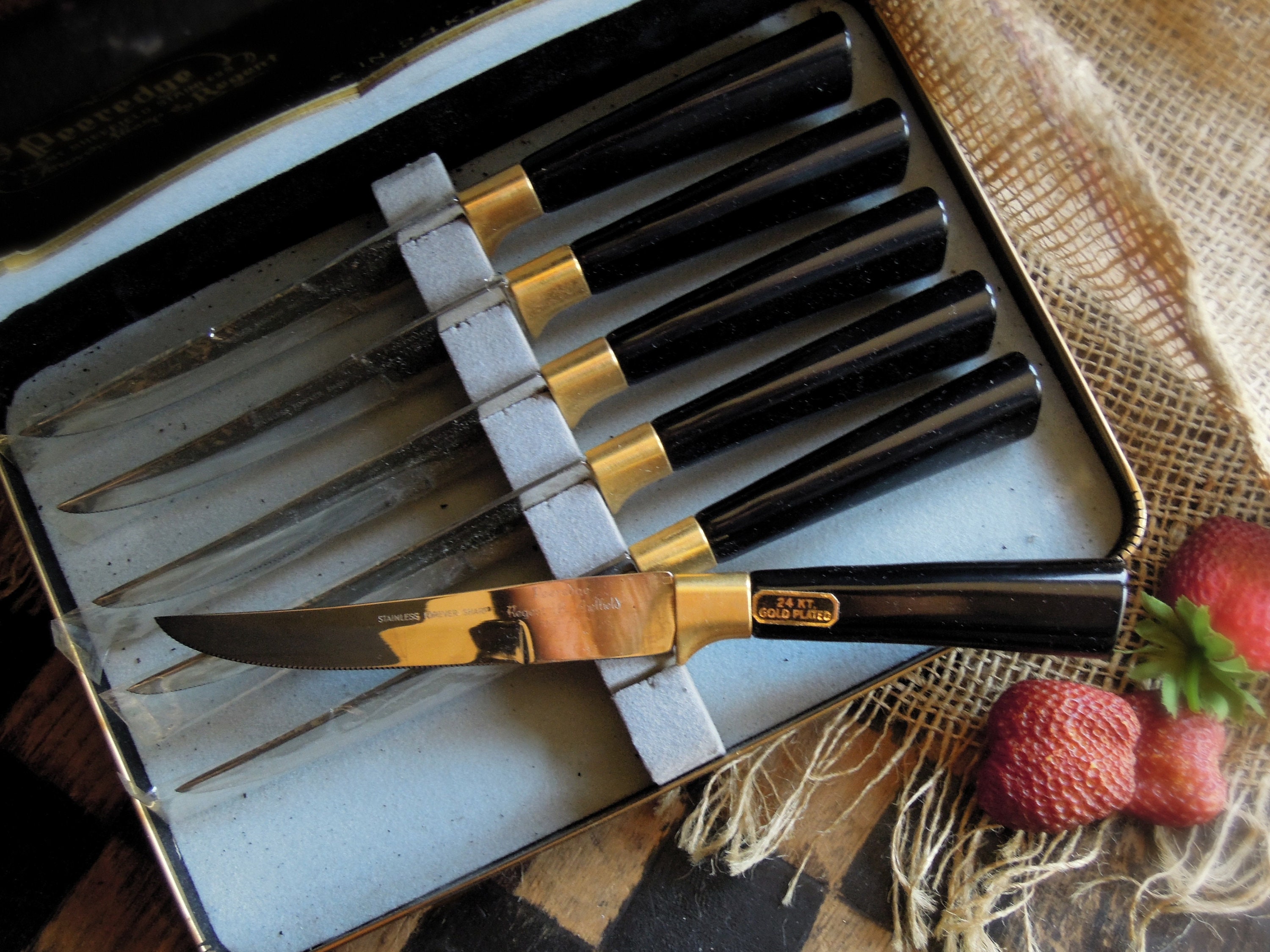 Vintage Steak Knives 24k Gold Peeredge Regent Sheffield England Steak Knife  Set of 6 Forever Sharp Stainless & 24kt Gold 