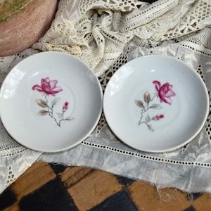 Two Antique Vintage Butter Pat Dishes / White & Pink Flowers Ceramic Butter Pats Made in Japan Demi Saucers