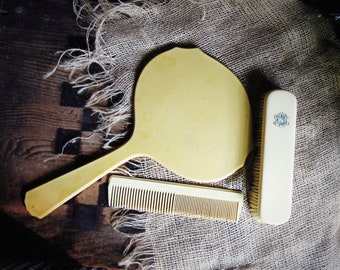 Vintage Celluloid Vanity Set / Boudoir Vanity / Mirror Brush and Comb Dresser set